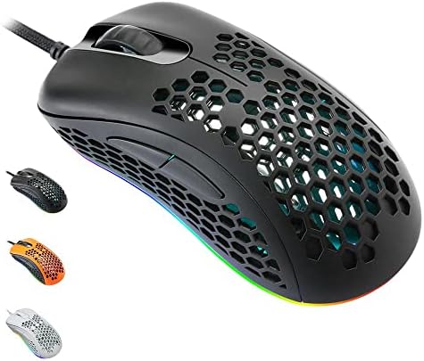 Лека Детска мишката EQEOVGA D10 RGB Honeycomb Mouse PMW3325 с оптичен сензор от 10 000 точки на инч, с лек Мобилен корпус, Сверхлегким кабел сверхпрочности за преносими PC, Xbox PS4 Switch Gamer (65 г.)-Черен
