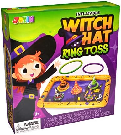 Игри набор от JOYIN за части от поредицата на пръстените върху Хелоуин игра на шапка на Вещица за парти в чест на Хелоуин Включва 1 надуваема детска дъска, 5 надуваеми шапки Вещици и пръстен 5 цвята