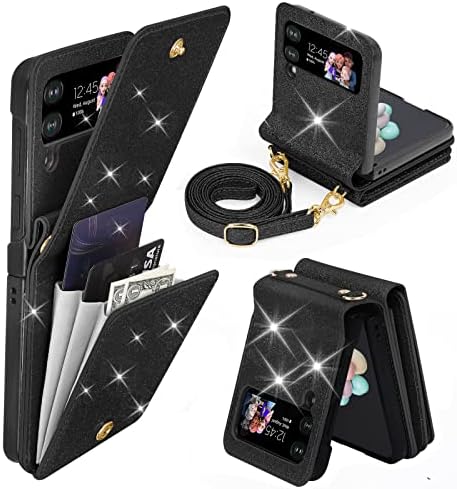 KSRIDOTE Калъф Samsung Galaxy Z Flip 4 с Лента-държач за карти, Лъскав Калъф Samsung Z Flip 4, Портфейл, Лъскав Калъф-джобен формат на Galaxy Z Flip 4, Калъф-чанта през рамо, Калъф-чанта за жени, Черен