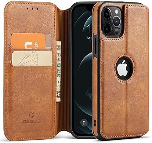 Вид на логото Casus, Съвместим с iPhone 11, чанта-портфейл, Фина Магнитна флип-надолу капачка от Изкуствена кожа с отделение за карти, Тънка поставка (2019) 6,1 (кафяв)