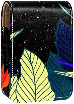 Черен Калъф за Червило от Тропическа Кожа с Цветен Модел и Огледало, Мини-Косметичка за Ежедневен грим