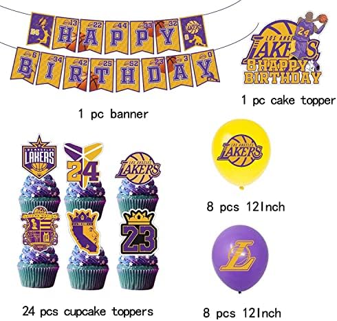 Декорации и аксесоари за парти в чест на рождения Ден на Лейкърс Кобе Включват Топперы за Кифли Балони Банер Topper за Торта 23 Баскетболно парти за Мъже и Момичета и Момчета