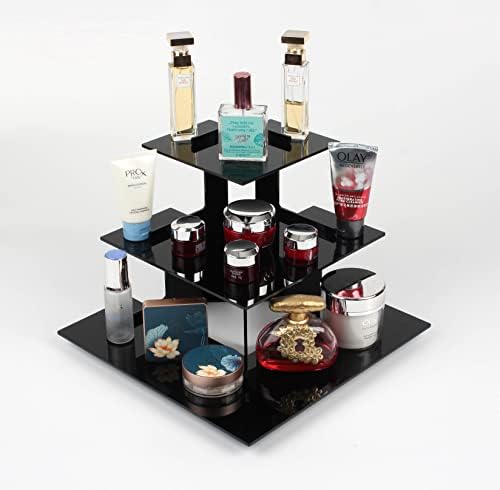 Акрилна поставка за витрини бистра 3-степенна скорост поставка комбинирана Рафт Поставка за парфюми Богат на функции и трайни подложки Органайзер за колекции Идеално за десерти, козметика, стъклени съдове, статуи, кексчета