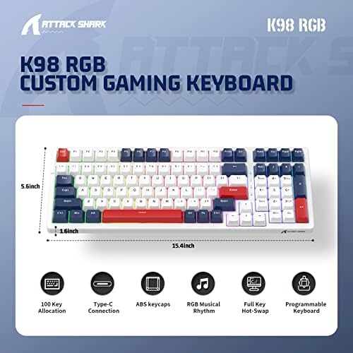 Кабелен игри Кейборд и обичай Навити USB кабел C, Механична клавиатура с възможност за гореща замяна с RGB led подсветка, Ергономичен дизайн на Потребителски клавиши, червени ключове, цифрова клавиатура, 98% от Стандартната