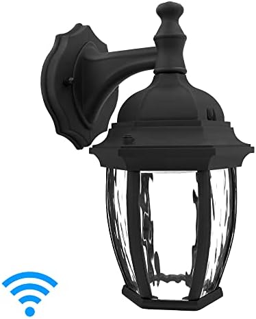 Maxxima Luvoni Умен WiFi led Улично, с монтиран на стената лампа, Черен с Прозрачно Водно Стъкло, фенер за верандата с управление чрез приложение, 850 Лумена, CCT 2700K - 6500 K, с регули