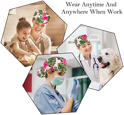 Медицински Шапки за жени с Бутоните за дълга Коса, Регулируема Работна Шапчица от 2 Части, Многоцветни Флорални Лист