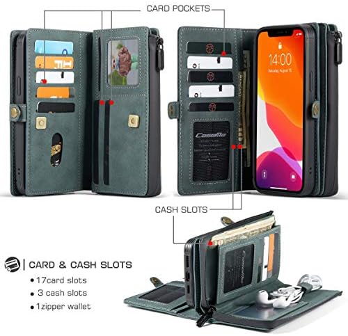 Съвместим с калъф-портфейл iPhone 13, 2 в 1, изкуствена кожа, Подвижна Магнитна поставка с цип от 17 отделения за карти, защита на екрана (син, iPhone 13)