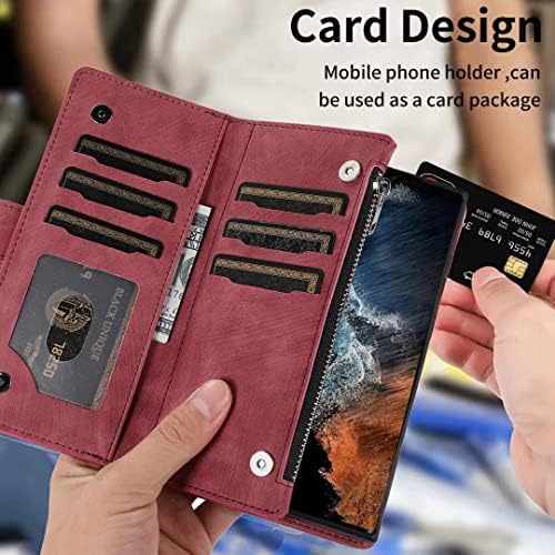 Чанта-портфейл FunnyWin Samsung S23 Ultra, Samsung S23 Ultra Флип Кожен, Отделения за кредитни карти, Джоб с цип [Магнитна закопчалка] [Каишка за китката] [Стойка], Държач за карти с RFID-за?