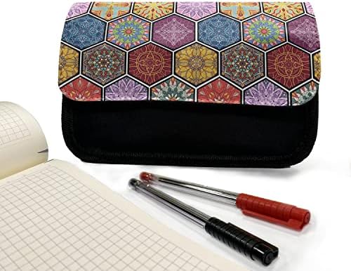 Foldout Етнически молив случай, Шестоъгълници с Декоративни детайли, Тъканно Чанта за Моливи с двоен цип, 8,5 x 5,5, Многоцветен