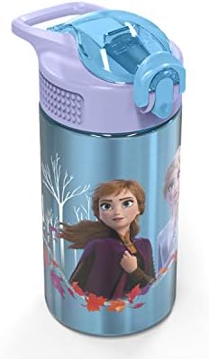 Бебешко шише за вода Zak Designs Frozen II обем 15,5 грама от неръждаема стомана с откидывающимся соломенным накрайник, Здрава конструкция, не съдържа Бисфенол А (Елза и Анна) (FRZA-S730-C)